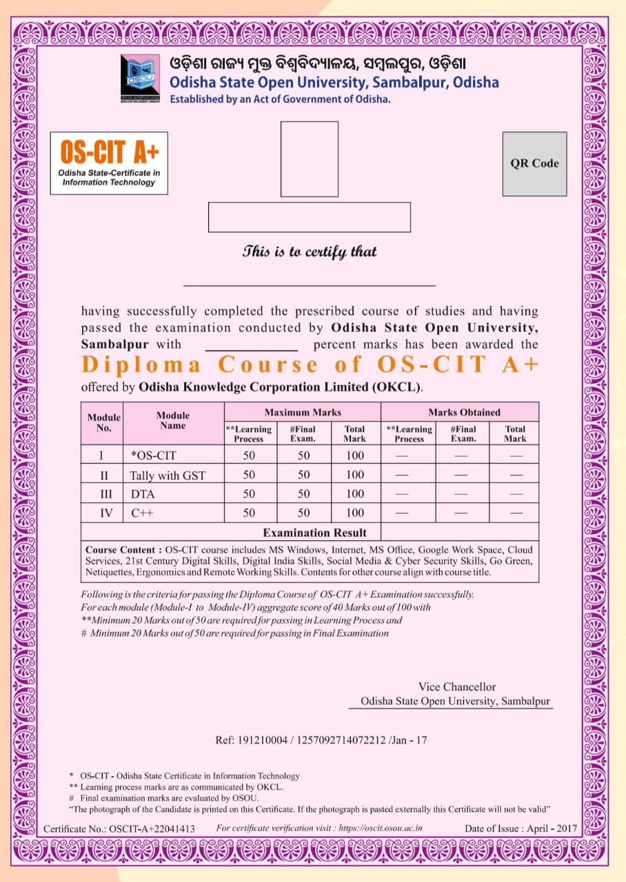 OS-CIT 'A+' CERTIFICATE